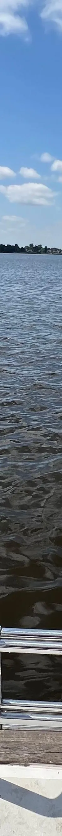 Een Nederlandse vlag wappert aan de achterkant van een boot op een meer met huizen aan de oever onder een blauwe lucht.
