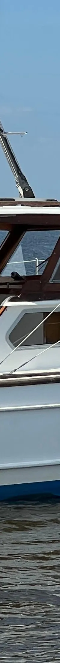 Een witte motorboot met een blauwe kap en een Nederlandse vlag vaart op het water, met "LOOSDRECHT" op de spiegel.