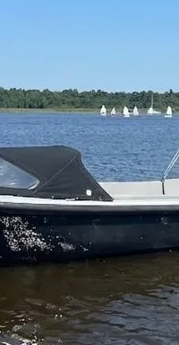 Een zwarte sloep met een zwarte buiskap en een Nederlandse vlag achterop, dobberend op het water. — Asloep 770